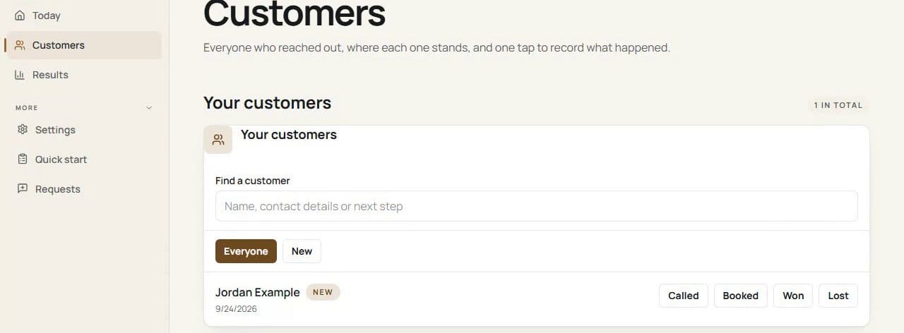 Owner dashboard Customers screen for a demo business, showing a new lead with Called, Booked, Won and Lost buttons