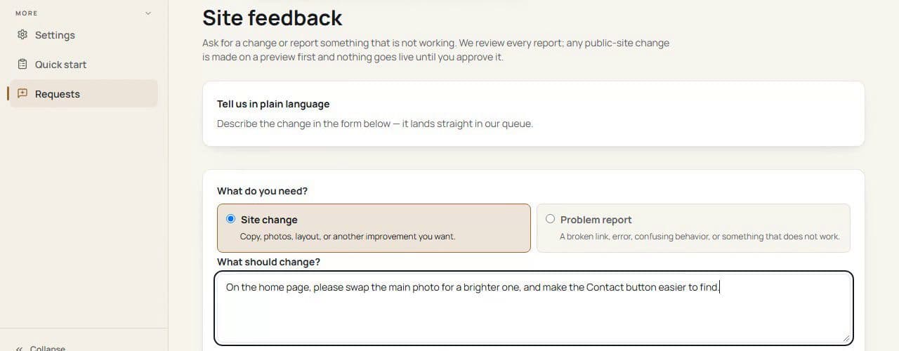 Owner dashboard screen for asking for a site change in plain words, on a demo business