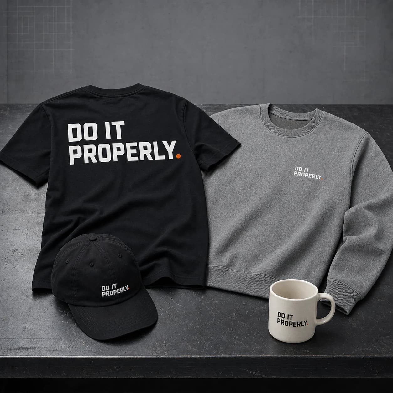 Illustrative campaign concept showing the four-piece Do It Properly collection