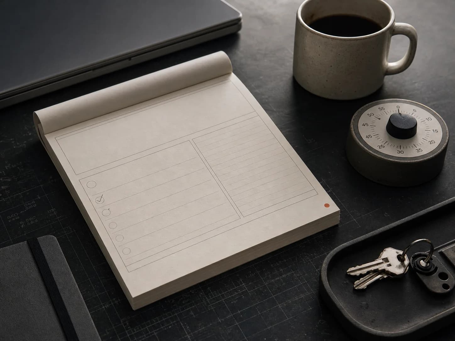 Illustrative concept of a cream work-order desk pad beside a mug, timer, and key tray