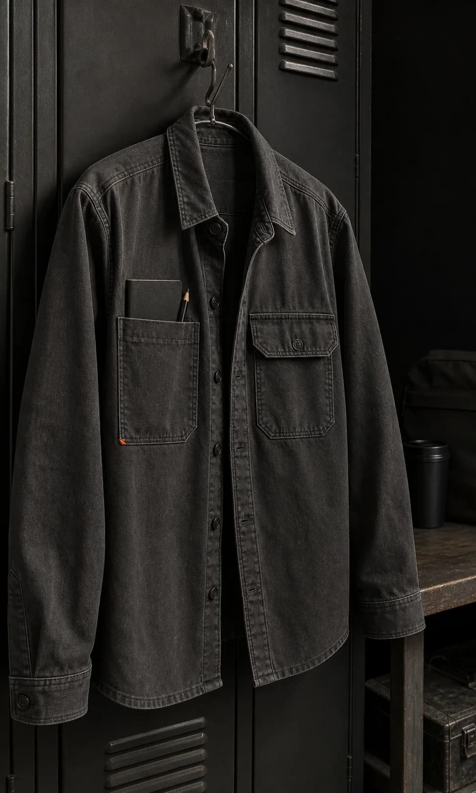 Illustrative concept of a charcoal utility overshirt with a black field notebook in one chest pocket