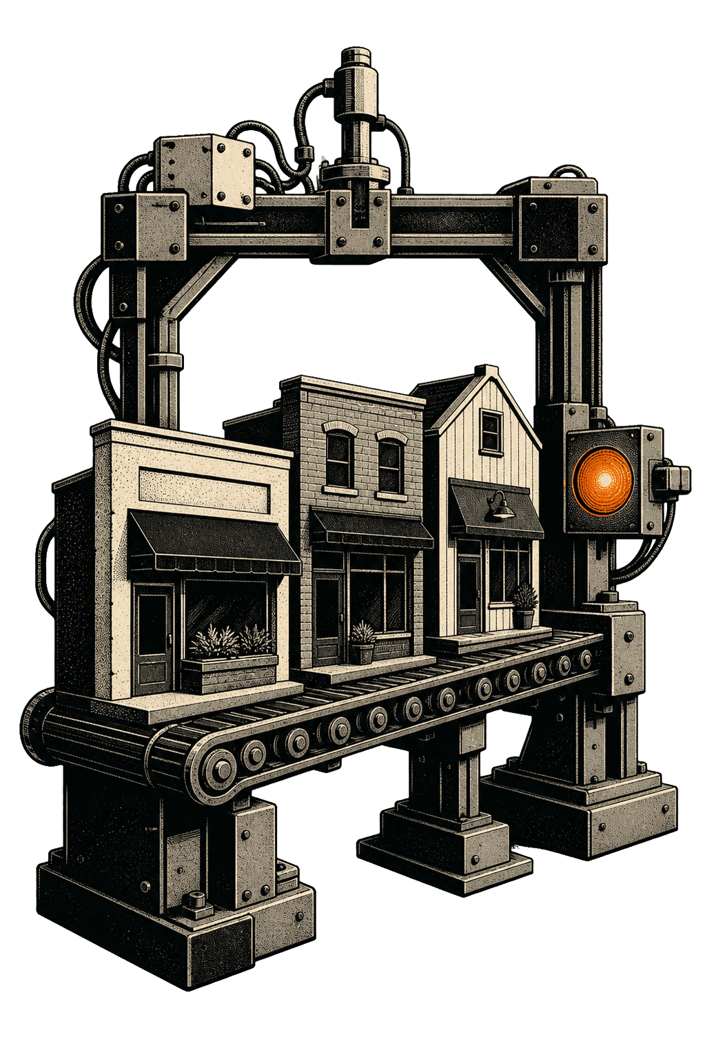 Illustrative print artwork of three storefronts moving through an industrial assembly line