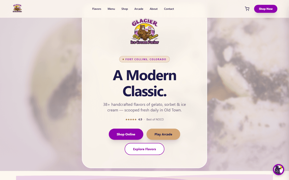 The live Glacier Ice Cream site — homepage hero built by Local Business Factory