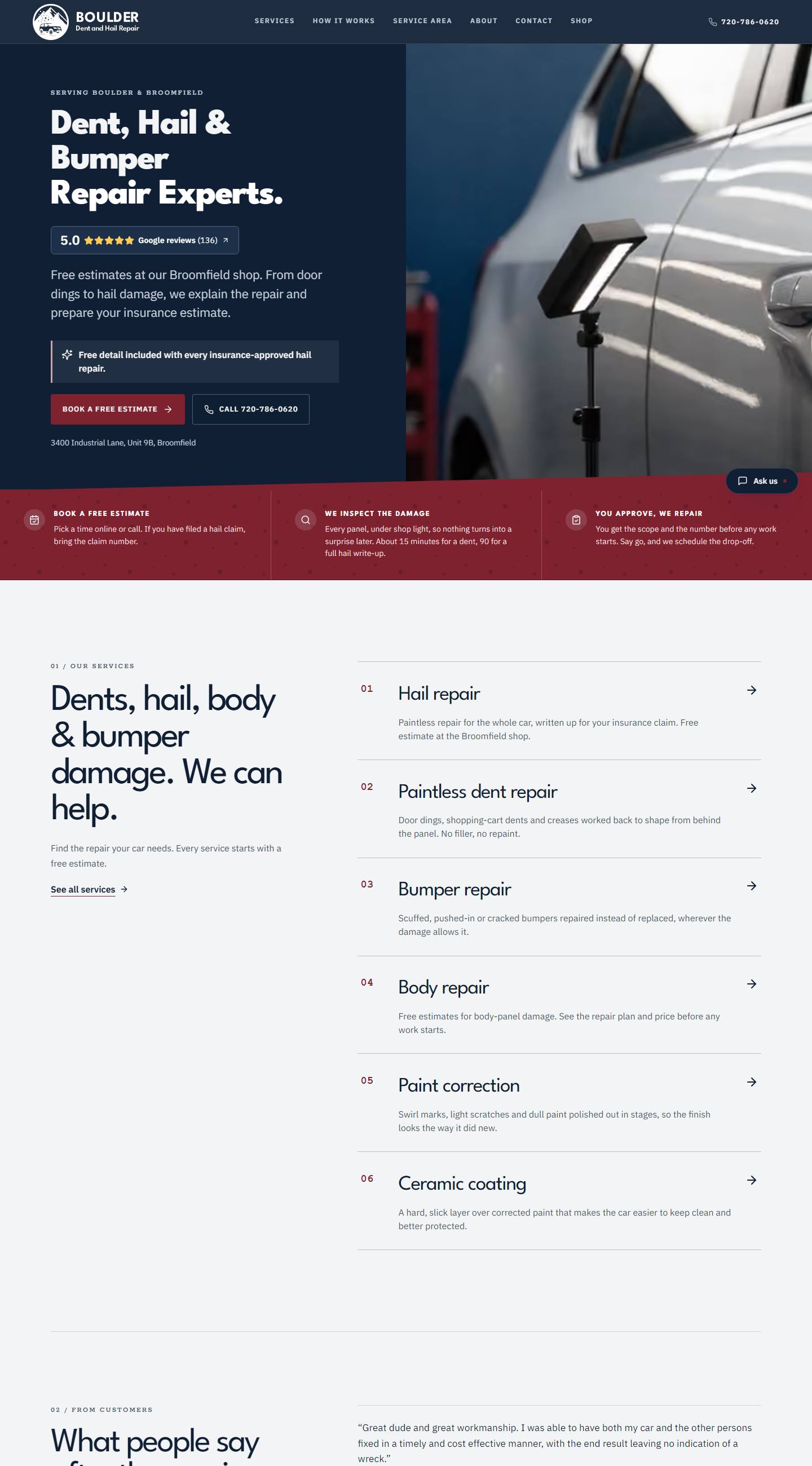 Boulder Dent and Hail Repair website, designed by Local Business Factory